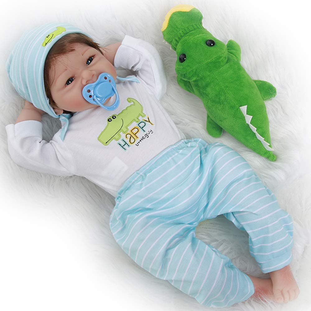 TiaNara Lifelike Baby Doll Boy with Accessories and Toy Crocodile, 22-inch Weighted Reborn Doll for Age 3+, Vinyl Silicone Realistic Newborn 8-Piece Gift Set