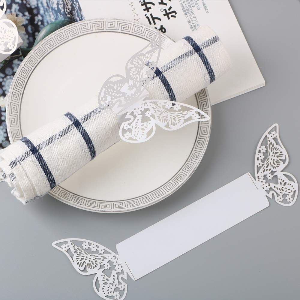 Baimeixun 100pcs 3D Butterfly Paper Napkin Rings for Weddings Party Serviette Table Decoration (White)