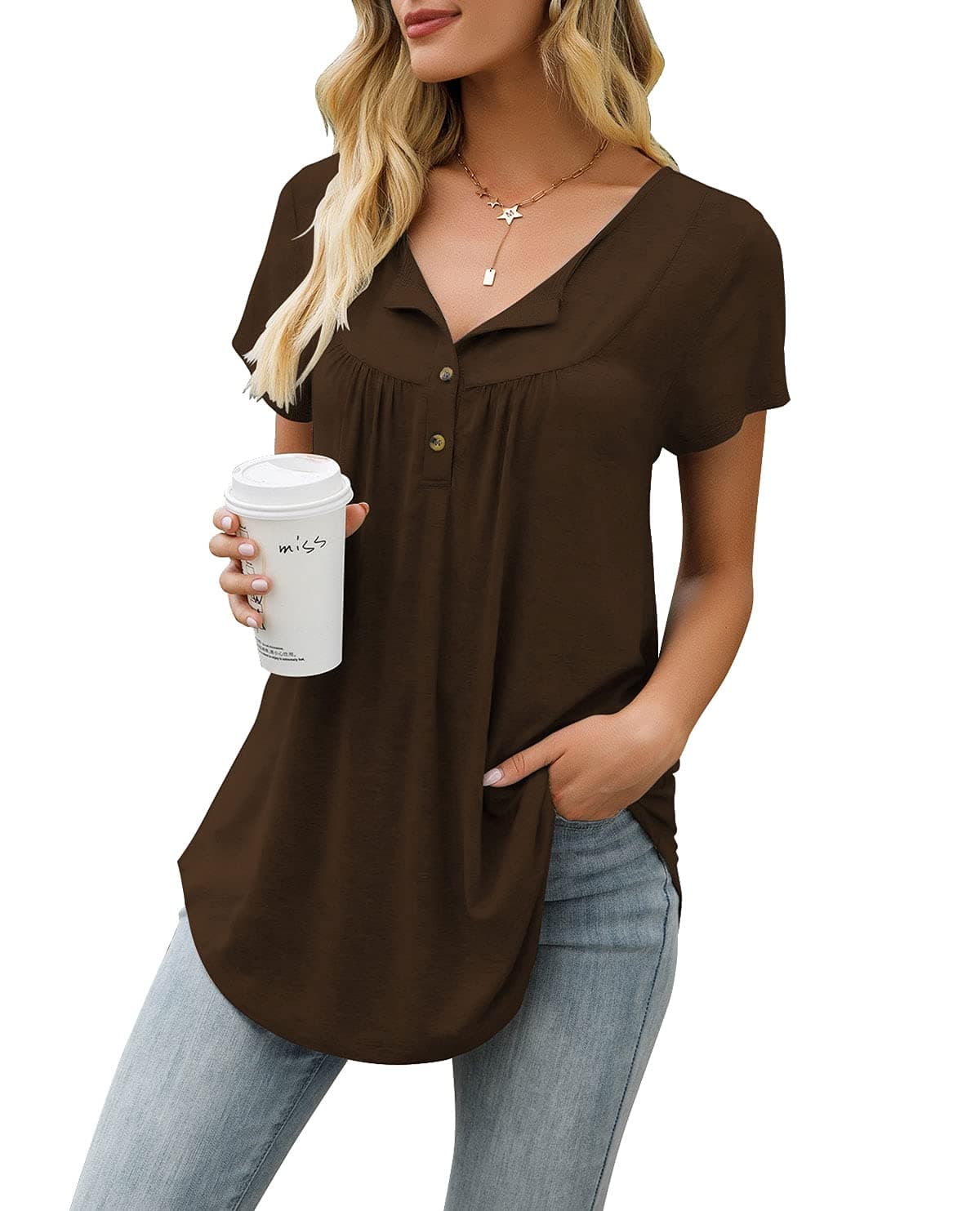 AMCLOS Womens Tie-Dye Tops V Neck Soft T-Shirts Flowy Pleats Tunic Button up Casual Blouses Summer Short Sleeve