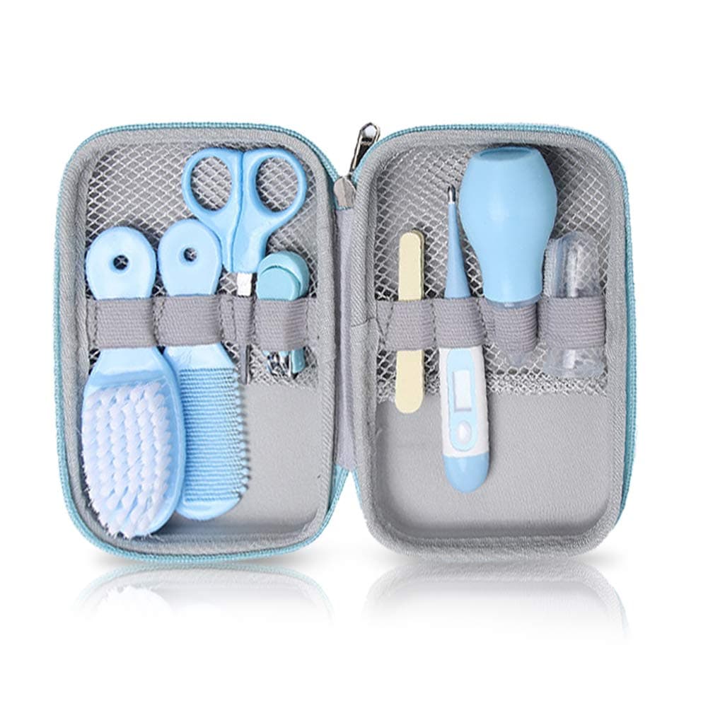 Baby Grooming Kit,Baby Grooming Kit, 8 in 1 Baby Hair Brush/Nail Clipper/Nose Cleaner/Finger Toothbrush/Nail Scissors/Manicure Kit for Baby Care Keep and Clean(Blue)