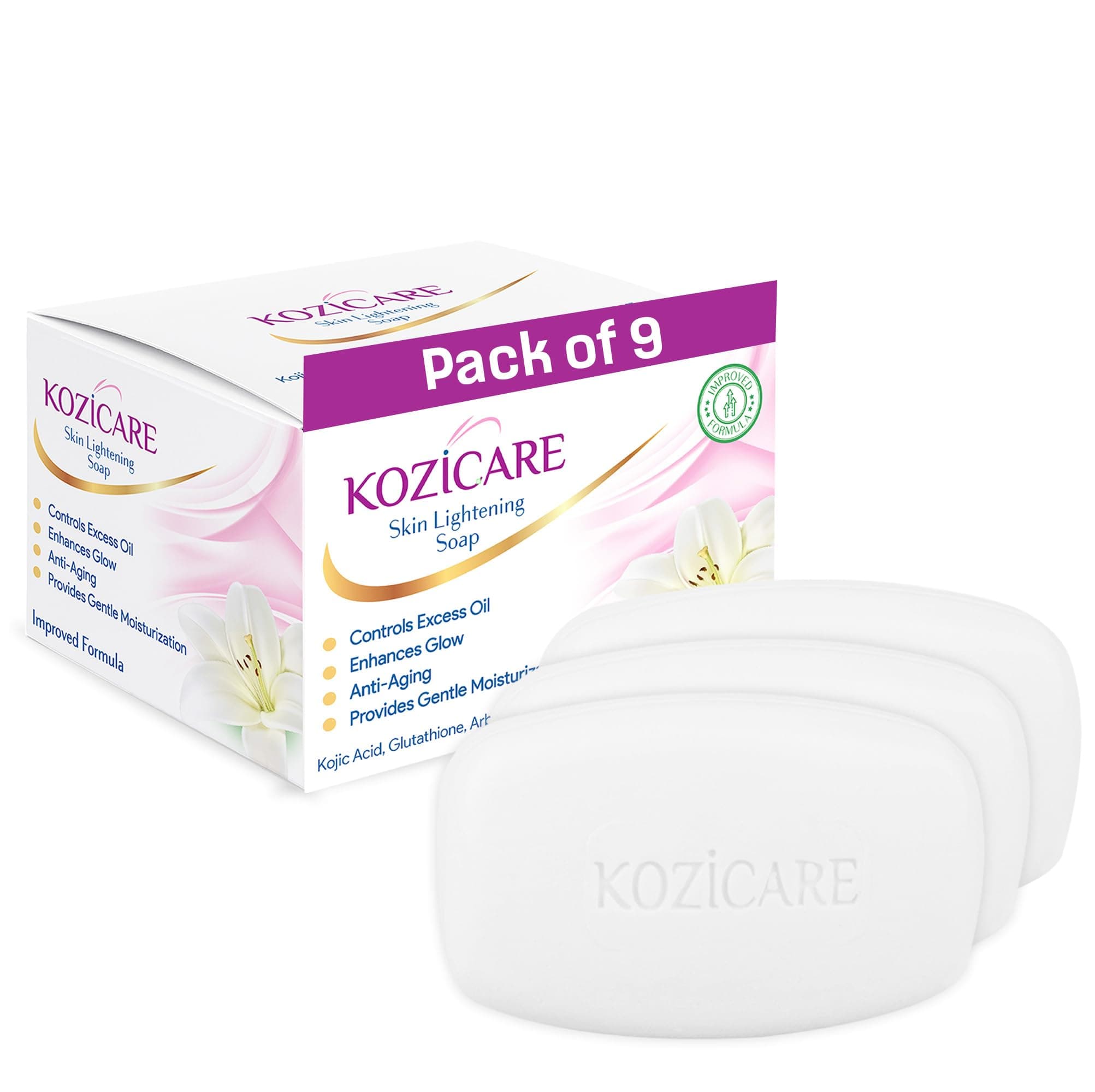 Kozicare Kojic Acid Soap & Glutathione | Skin Whitening Body Tan Removal Bath For Men Women Remove Dark Spots Hyperpigmentation Glowing - Pack Of 9