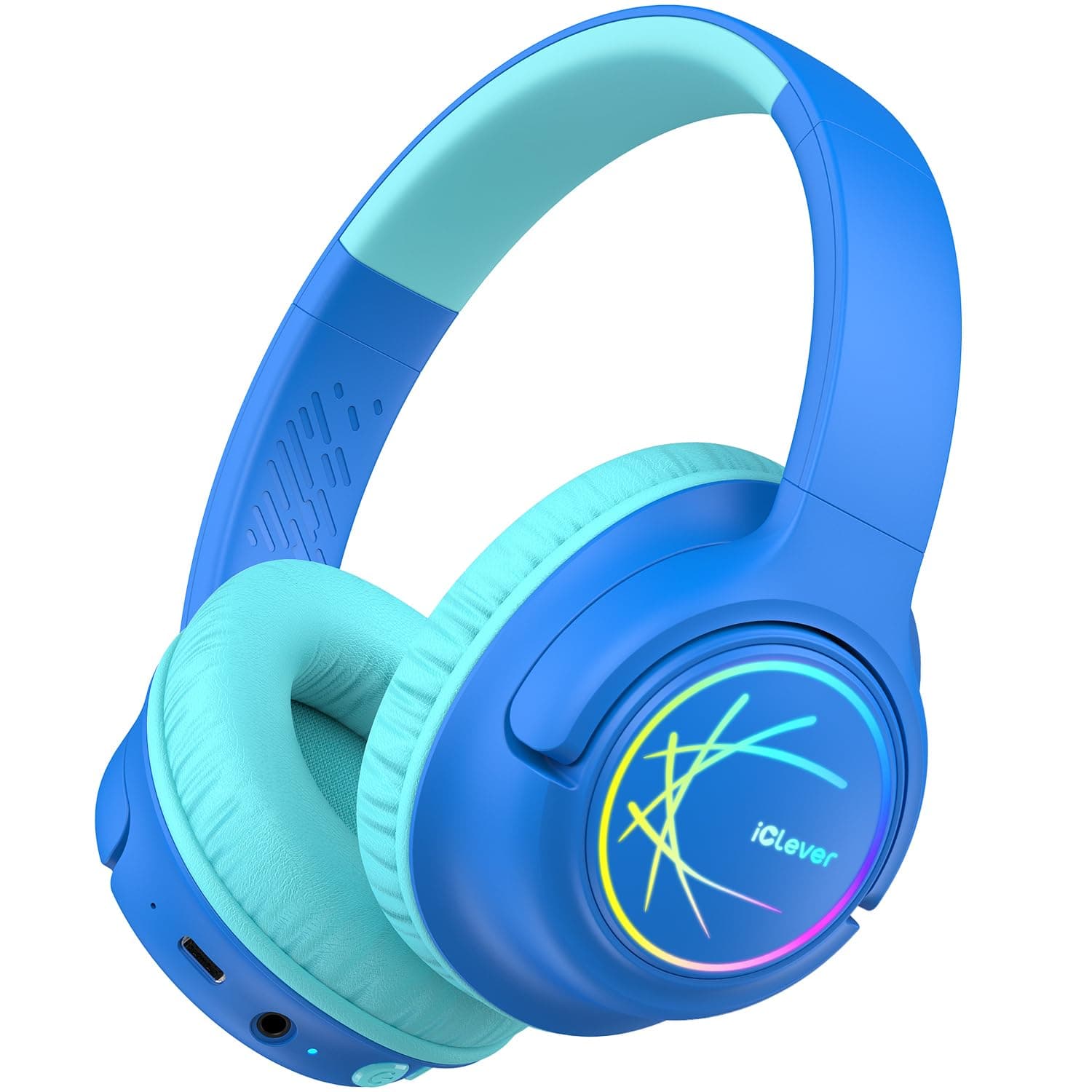 Kids Bluetooth Headphones with LED Lights, 43H Playtime, Type-C Fast Charging, BTH18 Safe Volume 74/85dBA, Bluetooth5.3,Toddler Headphones Aux Cord for iPad/Tablet/Travel/School, Blue