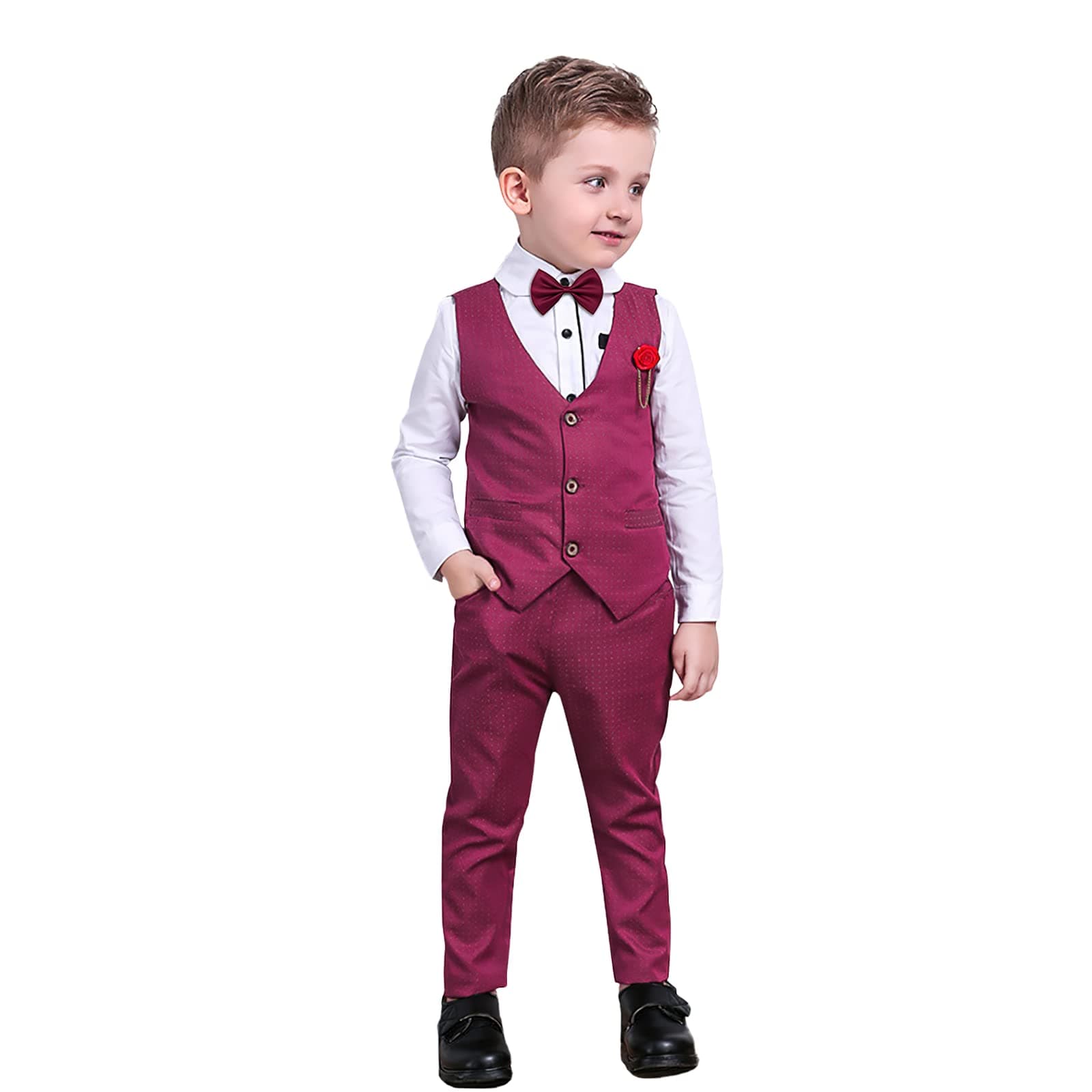 NwadaBoys Suit Set Formal Dress Shirt with Bow Tie, Slim Vest and Pants Toddler Boy Clothes Suits