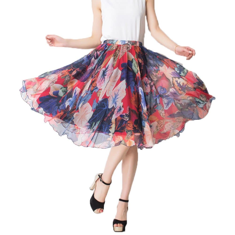 MINGXIN Women's Floral Elastic Waist Printed Chiffon Pleated Skater Knee-Length Skirt Multi2
