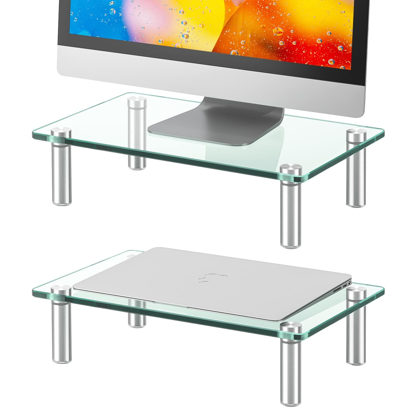 5Rcom 2 Pack Monitor Stand with Clear Tempered Glass, Multimedia Desktop Stand for Dual Computer/Laptop/Flat Screen TV, Monitor Riser