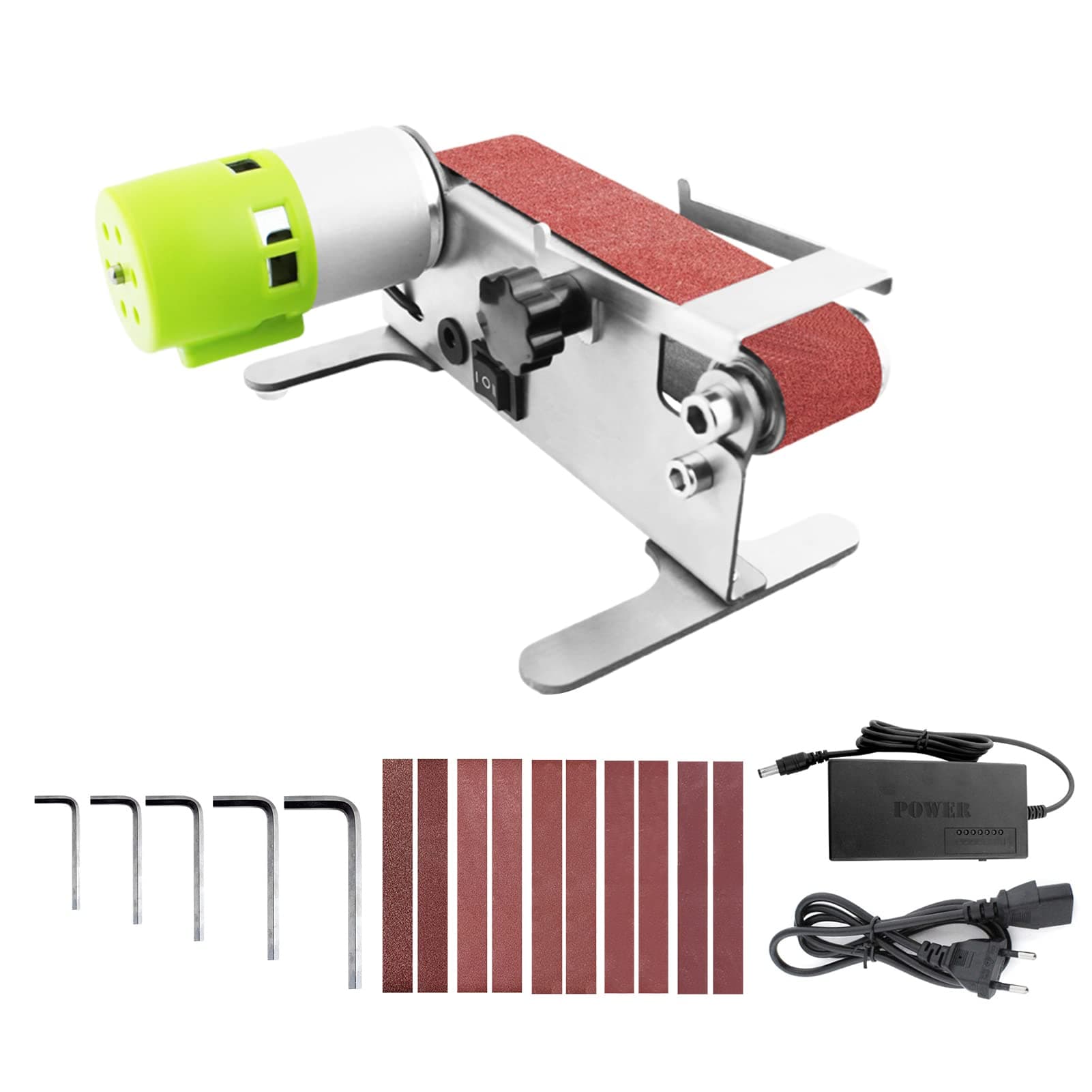 Horizontal Mini Belt Sander Electric Sanding Polishing Grinding Machine Grinding Sander Grinder Small Sand-belt Machine One-key Forward & Reverse Rotation 7-Speed Regulation with 10 Sanding Belts for