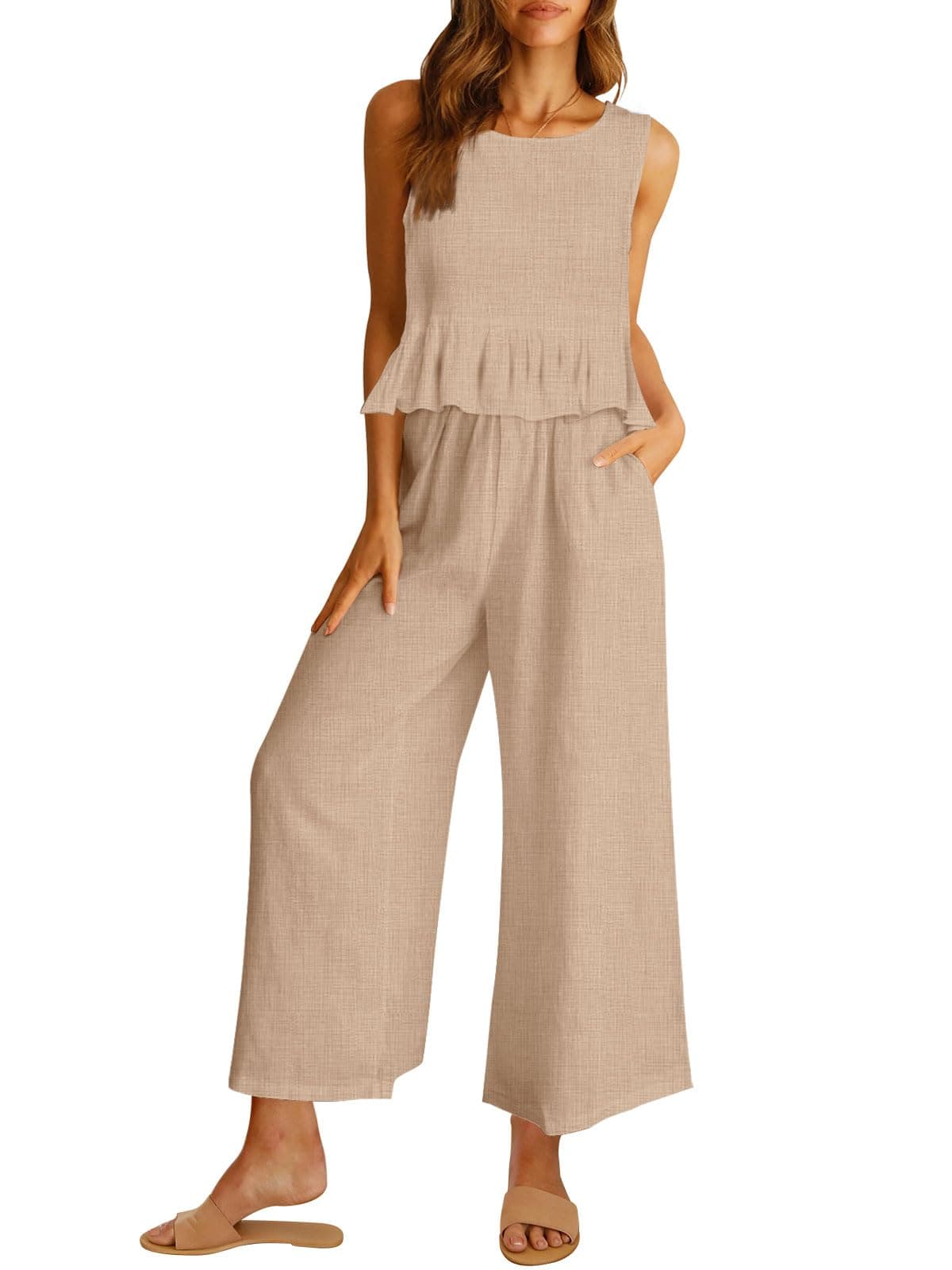AUTOMET Womens Summer 2 Piece Outfits Linen Crop Tank Tops Lounge Matching Sets & Long Track Pants Tracksuits 2025 Apricot L