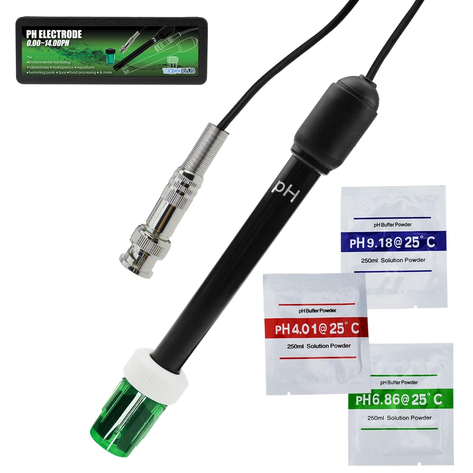 TEKCOPLUS Water PH Meter 0-14 Probe BNC Connector, 300cm Cable for PH Meter Monitor Controller Test Sensor, Kit for Aquarium Hydroponics Plant Pool Spa
