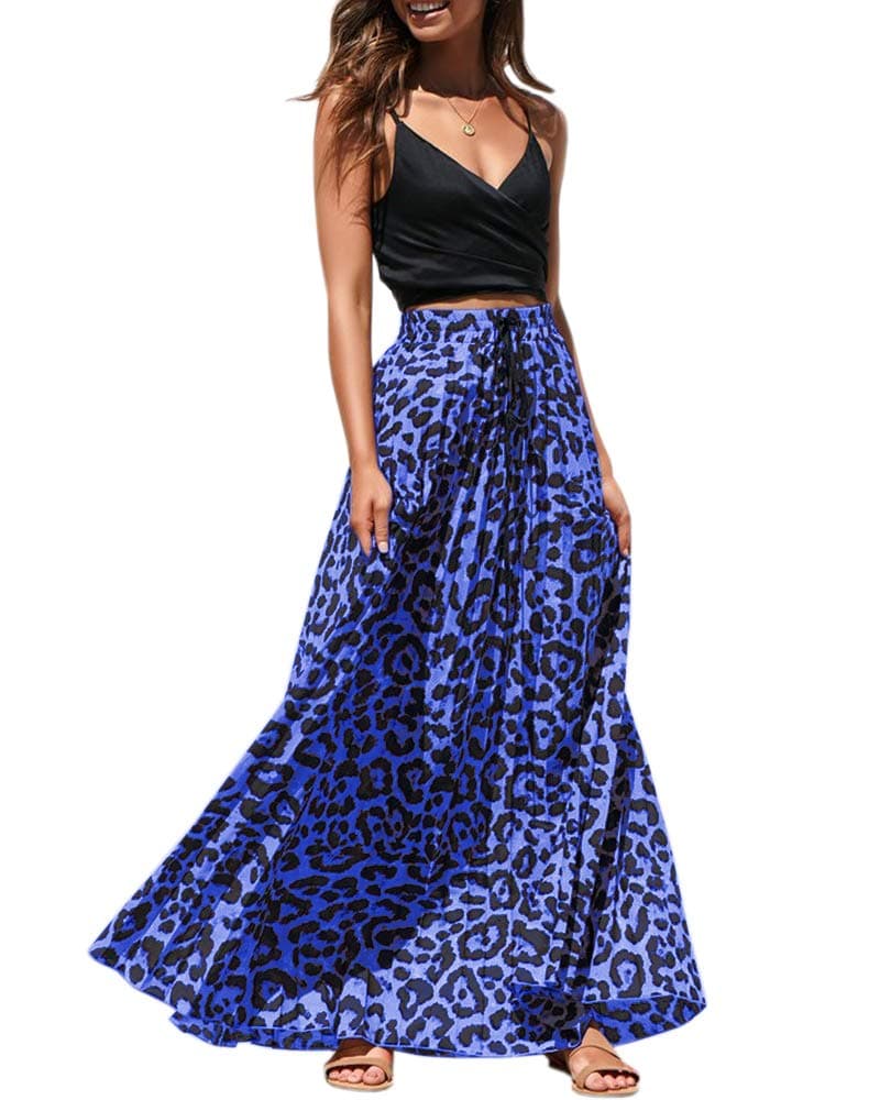 Womens Maxi Skirt Leopard Print Chiffon Beach Pleated High Waisted A-Line Long Skirts