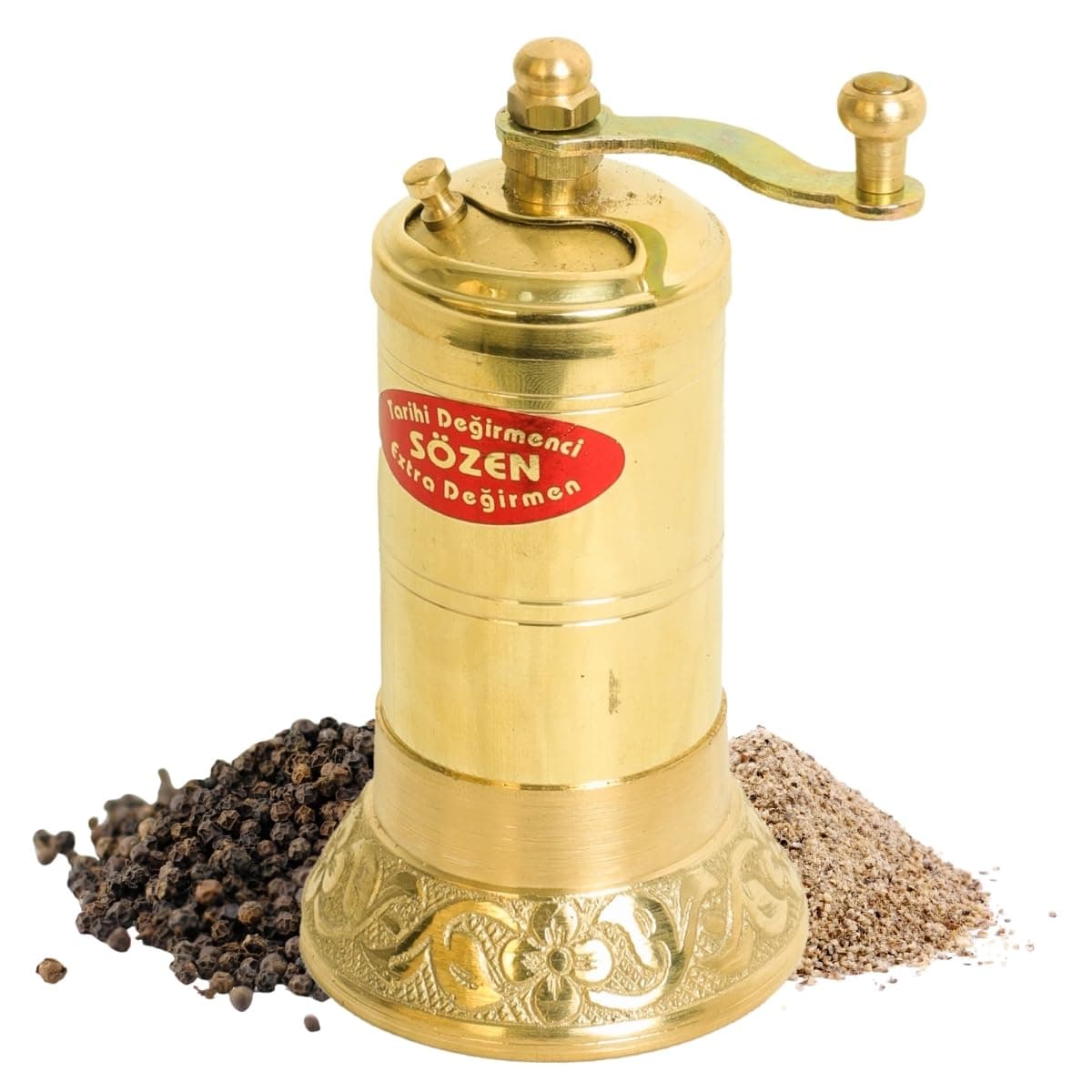 Sozen 4.3" Manual Pepper Grinder Brass – Handmade Turkish Pepper Mill, Conical Burr Spice Grinder, Portable Hand Crank Mill for Salt, Peppercorns, and Other Spices with Durable Brass Decor