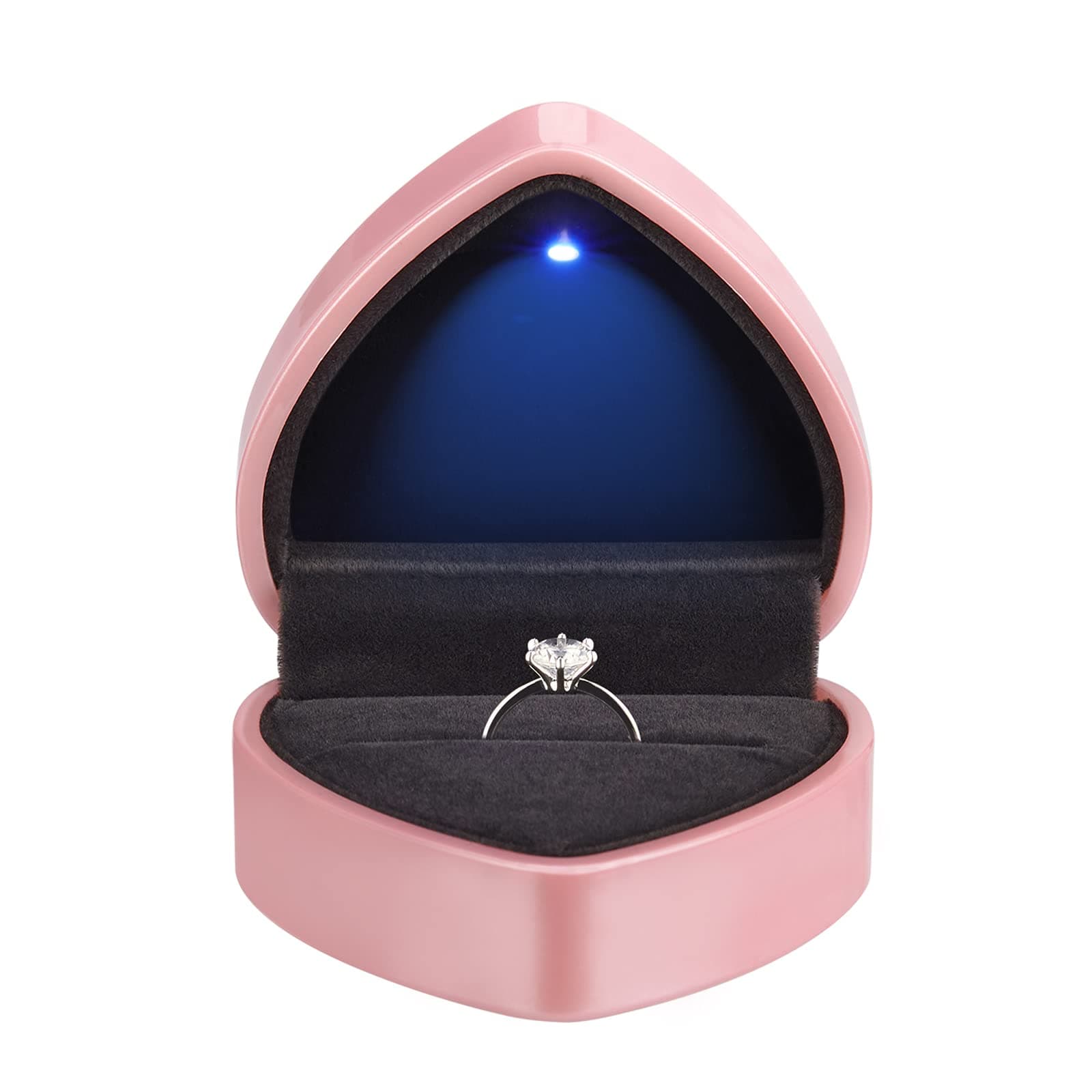 Heart Shaped Ring Gift Box with LED Light, Velvet Earrings Jewelry Case with Light, Jewellry Display Box for Wedding, Engagement, Proposal, Birthday and Anniversary (Pink)