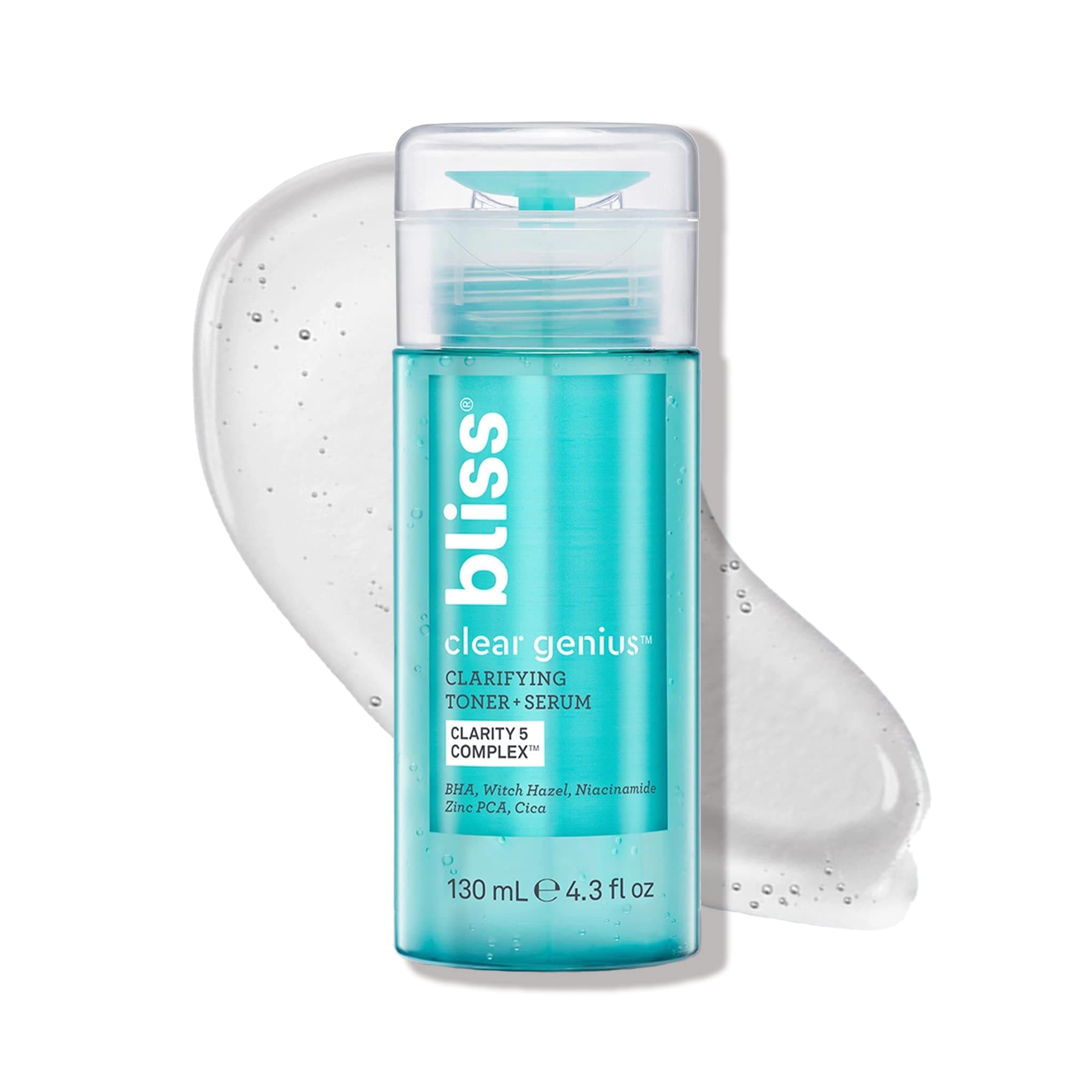 Bliss Clear Genius Clarifying Toner + Serum | Purifies Pores, Tones, Calms & Clears Skin | with Salicylic Acid, Niacinamide & Witch Hazel | Clean | Cruelty Free | Paraben Free | Vegan | 4.3 oz