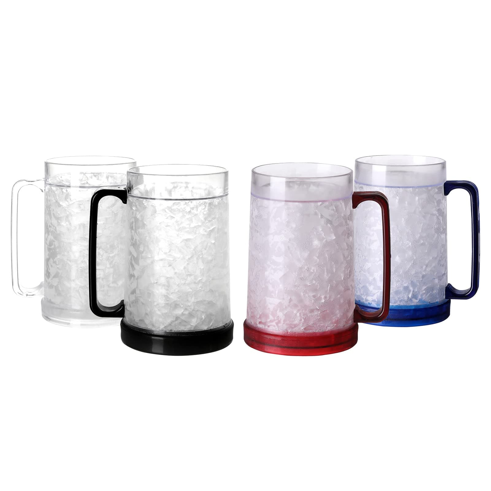 Double Wall Gel Frosty Freezer Ice Mugs Clear Set of 4 (White black red and blue)