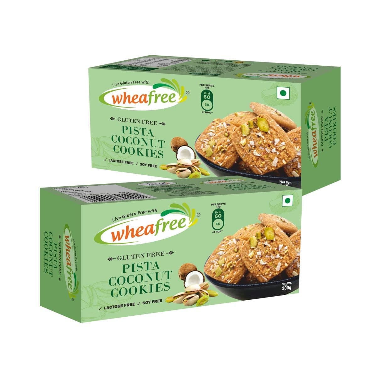 Wheafree Gluten Free Pista Coconut Cookies - Pack of 2 (200g each) No Maida | Best Tea Time Snacks | 100% Vegetarian and Wholesome Ingredients