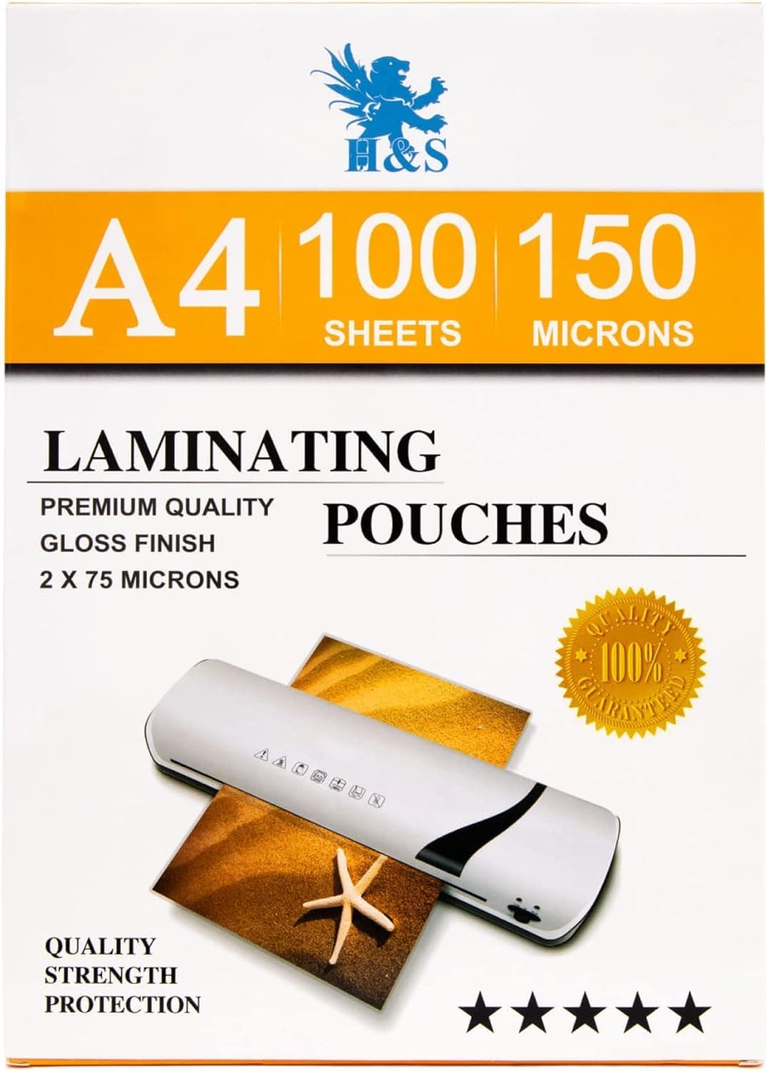 H&S Laminating Pouches A4 (Pack of 100) - Crystal Clear Finish Laminate Sheets 150 Micron (2 x 75 Micron) - Protect Documents at Home Work School - for International A4 Paper Size