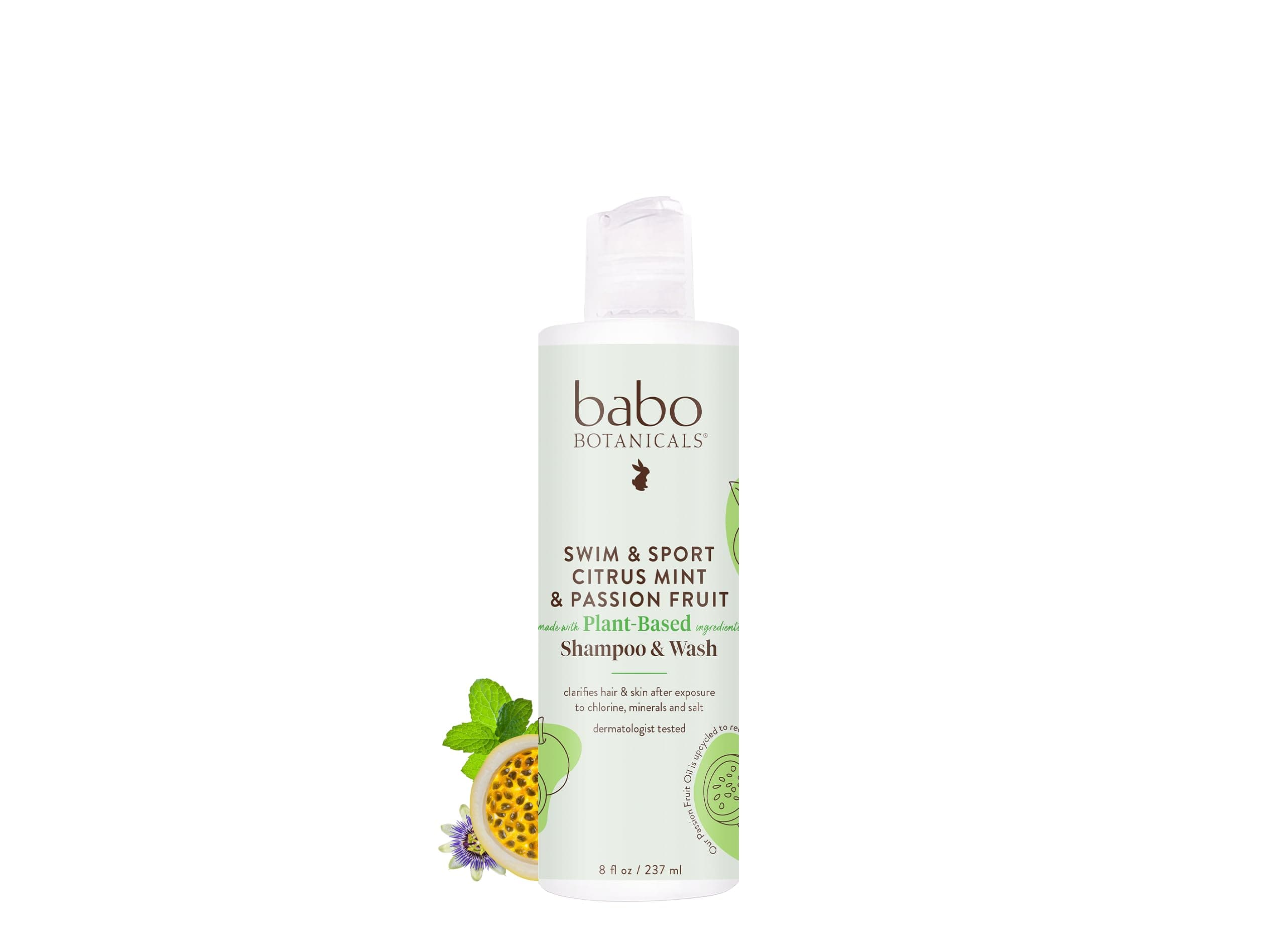 Babo Botanicals Purifying Swim & Sport 2-in-1 Shampoo & Wash - with Passion Fruit Oil, Organic Aloe & Green Tea - for Babies, Kids or Extra Sensitive Skin - Light Citrus Mint Fragrance, 8 Ounce