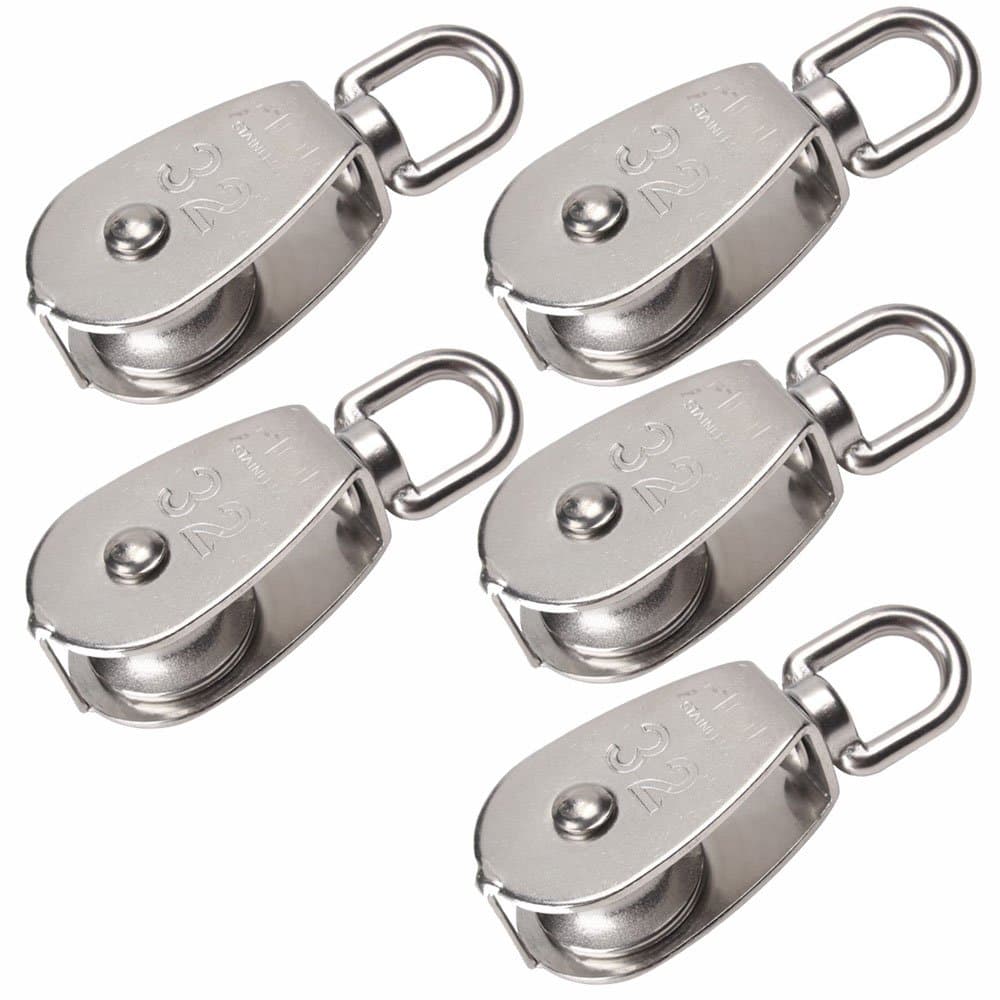 Glvanc, Silver 304 Stainless Steel Single Wheel Swivel Snatch Wire Rope Pulley Block Chain Traction Wheel with Max Loading 250kg Set of 5