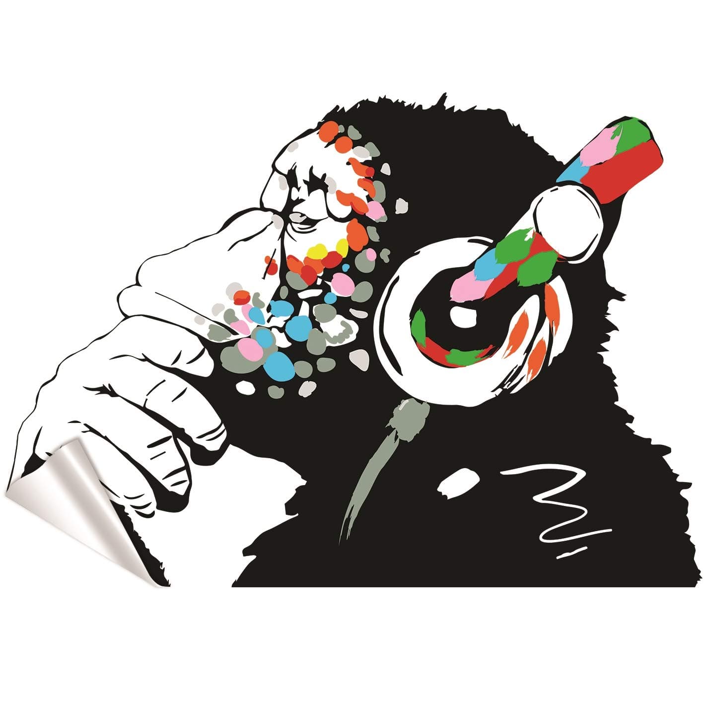 AnOL ltdBanksy Wall Stickers - Large Banksy Monkey With Headphones Wall Art - DJ Chimp Thinker in Earphones Decal (70x48 cm)