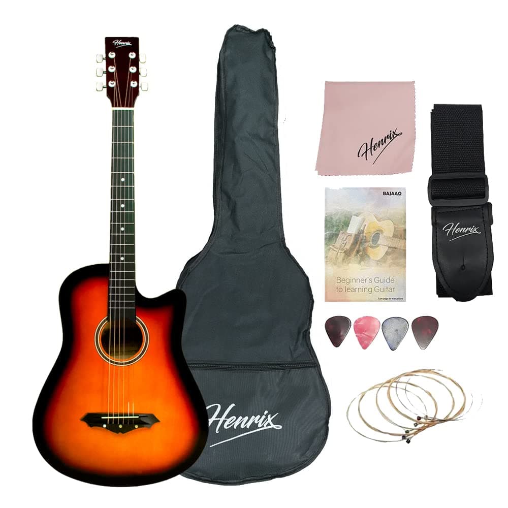 - Henrix 38C 38 Inch Basswood Cutaway Acoustic Guitar With Dual Action Truss Rod, Gigbag, Picks, String Set, String Winder, Strap, Polishing Cloth & Ebook - Sunburst