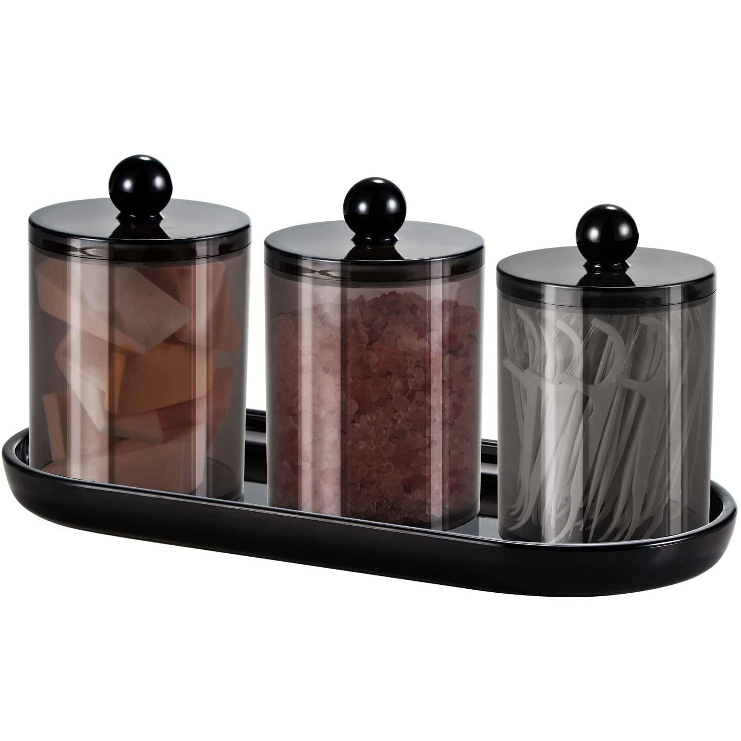 Qtip Holder Bathroom Set with Tray(4PCS) - 3 Pack Acrylic Plastic Apothecary Jars Qtip Dispenser Canister with Lid and Labels, 1 Pack Vanity Tray, for Cotton Ball, Cotton Swab (Black)