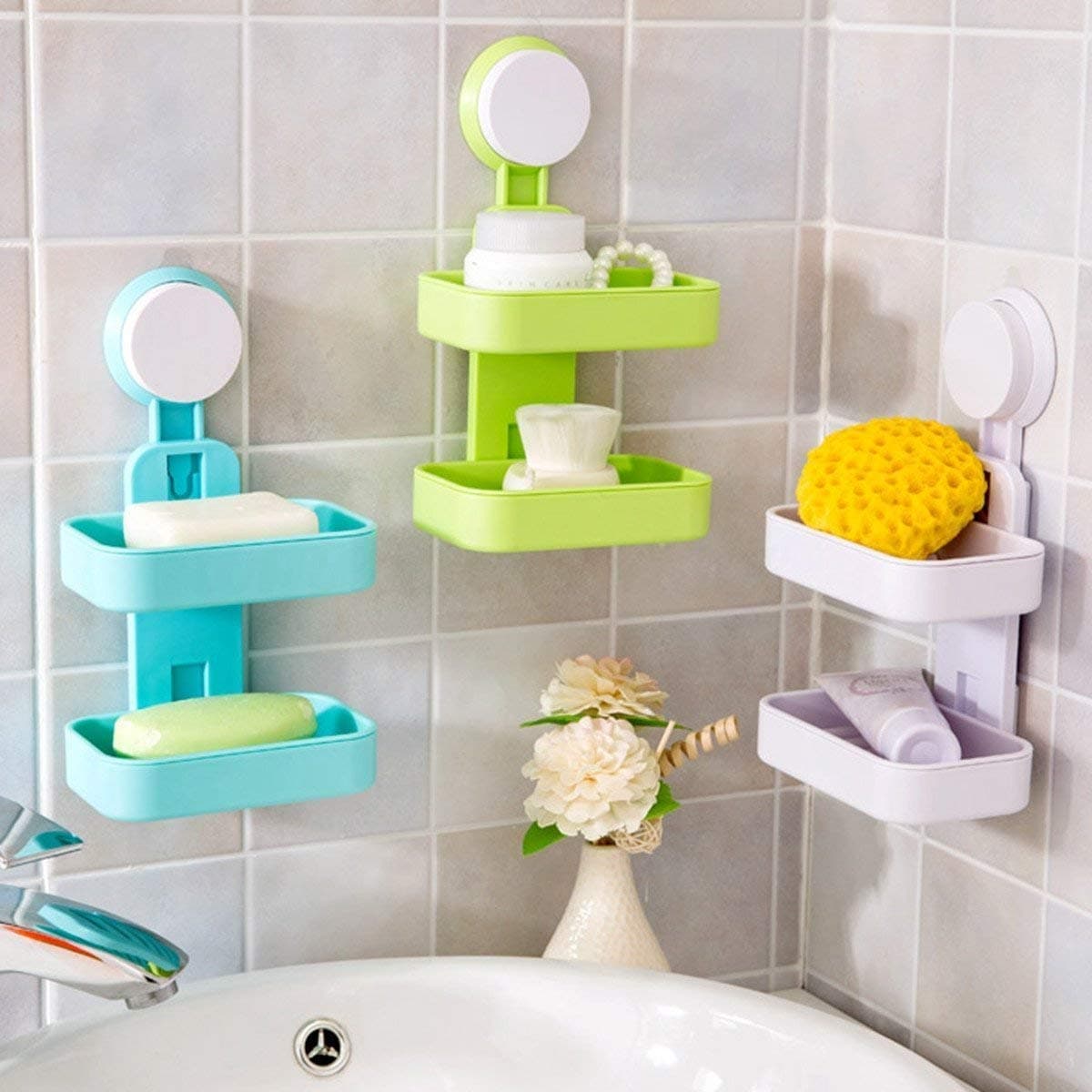 HARIVAR MART Double Layers Sponge Container Suction Cup Soap Holder, Multicolour, Glossy Finish
