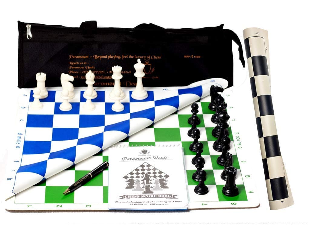 Paramount Dealz 17" Professional Vinyl Chess Set Combo(Fide Standards)- with 2 Extra Queens,Chess Bag, Scorebook & Pen for 4 years and up