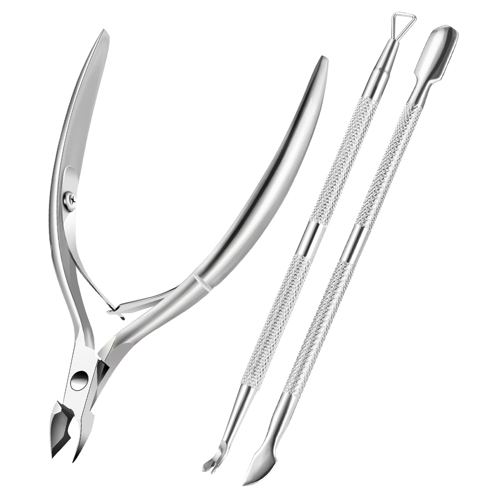 Cuticle Trimmer Cuticle Remover with Cuticle Pusher, Professional Stainless Steel Durable Pedicure Manicure Tools Cutter Nipper Scissor Clipper for Fingernails and Toenails Dead Skin Silver