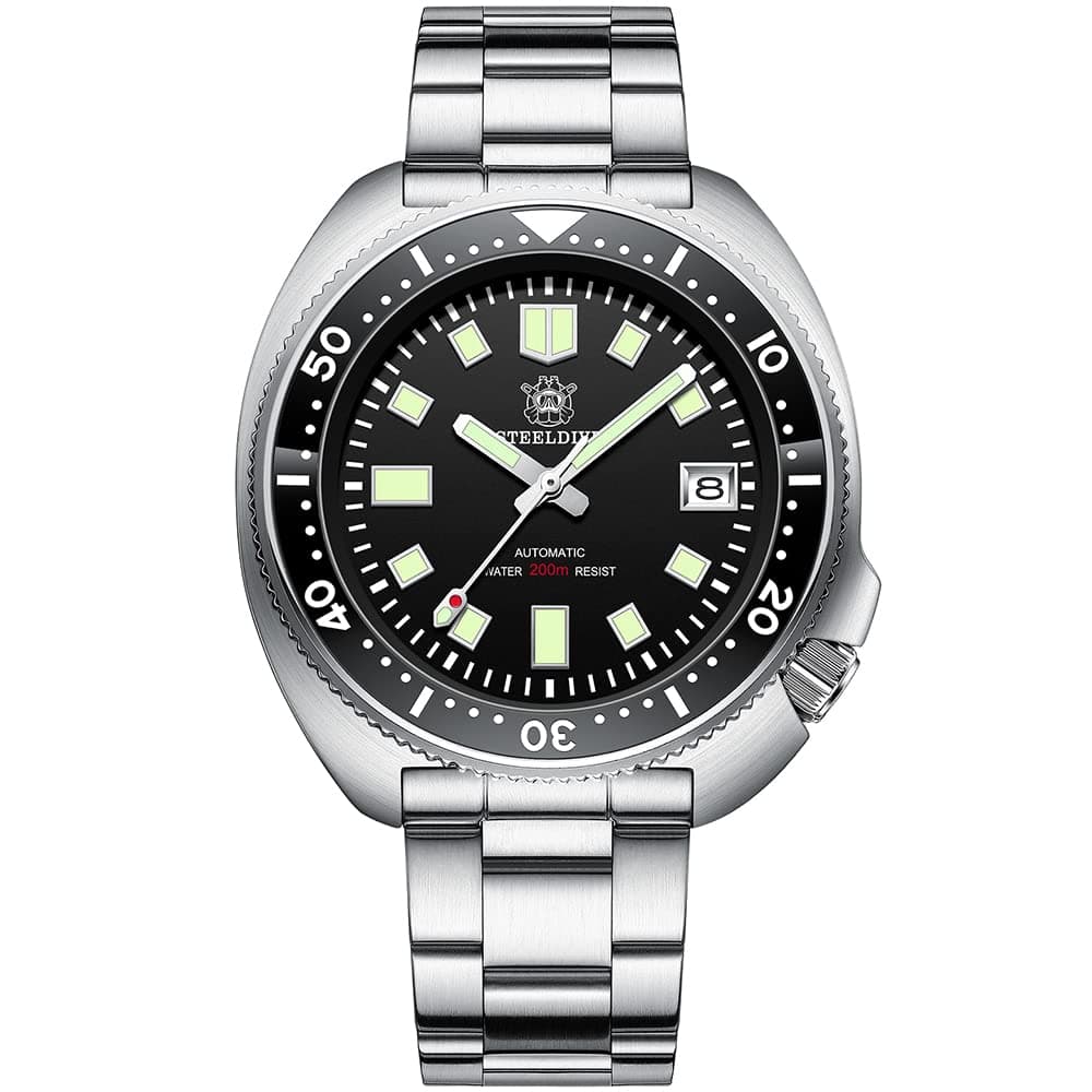 Steeldive Men’s Watch Automatic 1970 SD1970 Wristwatch NH35 Movement 200M Diving Watches 6105 C3 Luminous Ceramic Bezel (Black/with Logo/Bracelet)