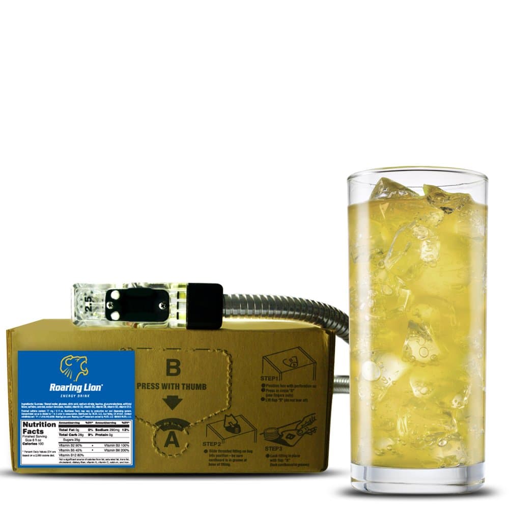Roaring Lion energy drink (1 Gallon Bag-in-Box Syrup Concentrate) - Box Pours 6 Gallons of Energy Drink - Use with Bar Gun, Soda Fountain or Home Beverage System