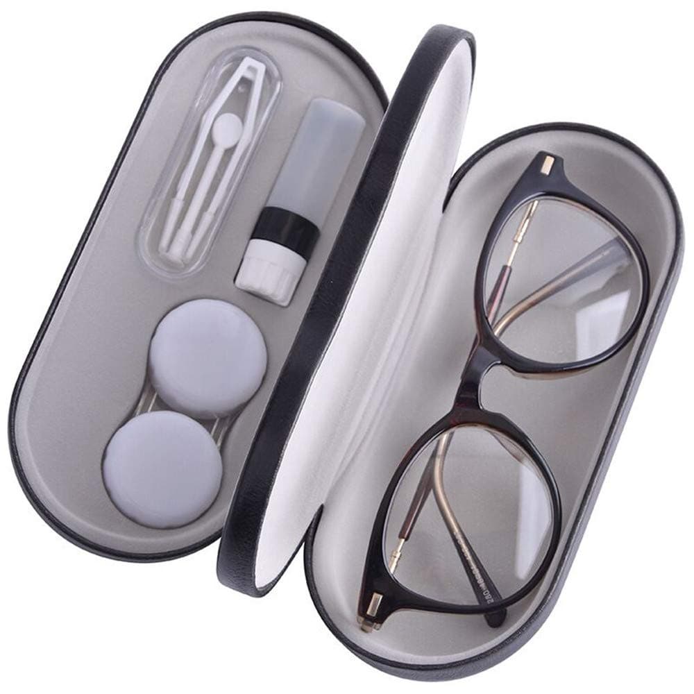 Contact Lens Case - 2 in 1 Double Sided Portable Glasses Case - Mirror - Tweezers and Applicator Included - Perfect for Home Travel-Black ¡