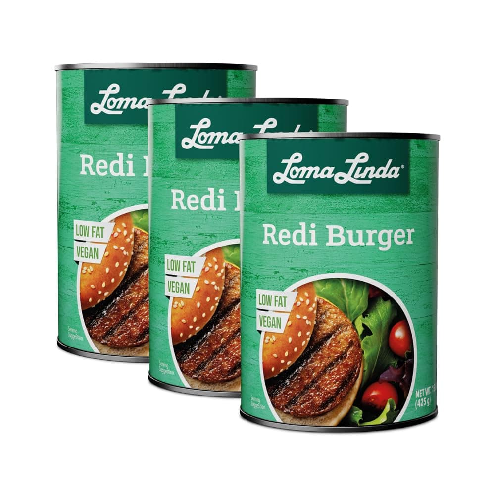 Vegan Burger Plant Based Patties - Loma Linda Redi-Burger Meatless Ground Beef, High Protein Meat Alternative, Vegetarian Burger Mix, Non-GMO, Ready to Cook, 15 oz Cans (3 Pack)
