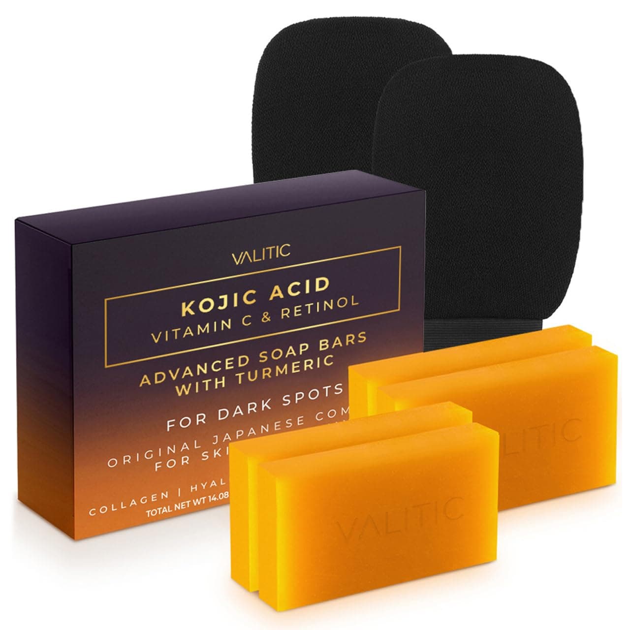 VALITIC 4 Pack Kojic Acid Vitamin C & Retinol Soap Bars for Dark Spot Bundle with 2 Black Exfoliating Gloves for Body Scrubs