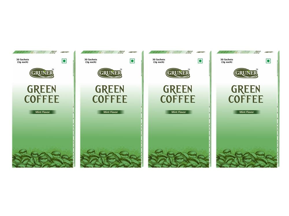 Gruner Mint Flavored Unroasted Green Coffee Powder Sachet each 3 gram (Combo 4 Pack)