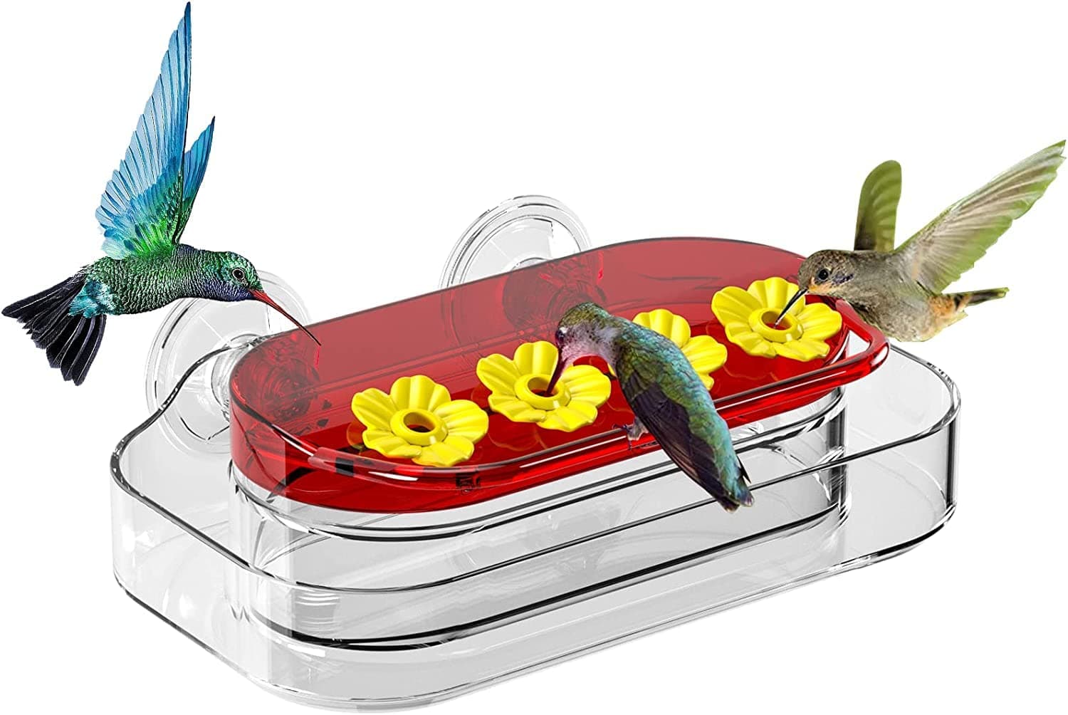 Window Hummingbird Feeders, Strong Suction Cups Hummingbird Feeder, Plastic Humming Bird Feeder with 4 Feeding Ports, Easy to Clean and Refill, 10 Ounces, 1 Pack