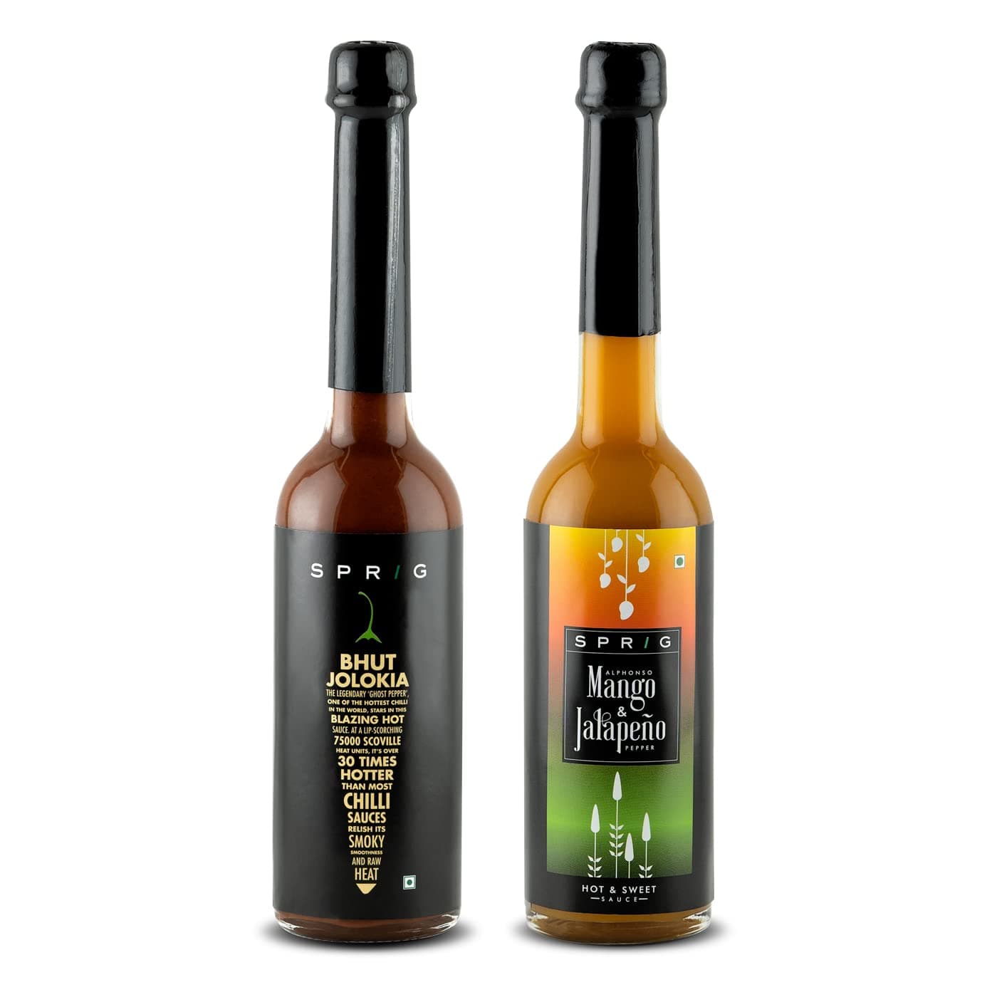 Sprig Hot Sauce Combo | Bhut Jolokia & Mango Jalapeno Hot Sauces | Use as Condiment, Marinade or Dip | No Artificial Flavours or Colours | Use with Pizza, Chicken Wings, Salads & Snacks