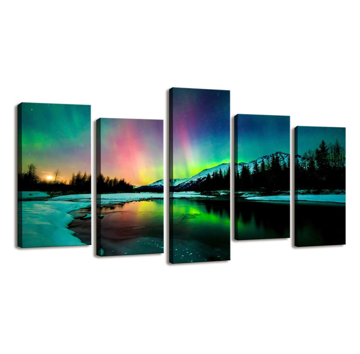 Cao Gen Decor ArtS01927 5 Pieces Wall Aurora Scenery Painting on Canvas Stretched and Framed Canvas Paintings Ready to Hang for Home ations Wall