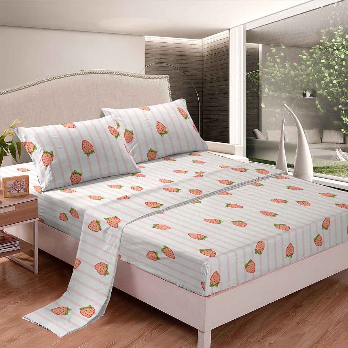 Feelyou Strawberry Sheet Set Girls Kawaii Strawberry Print Sheets Set for Kids Teens Pink Stripe Bed Sheets Breathable Cute Fruit Bedding Set Room Decor Bed Set Twin Size