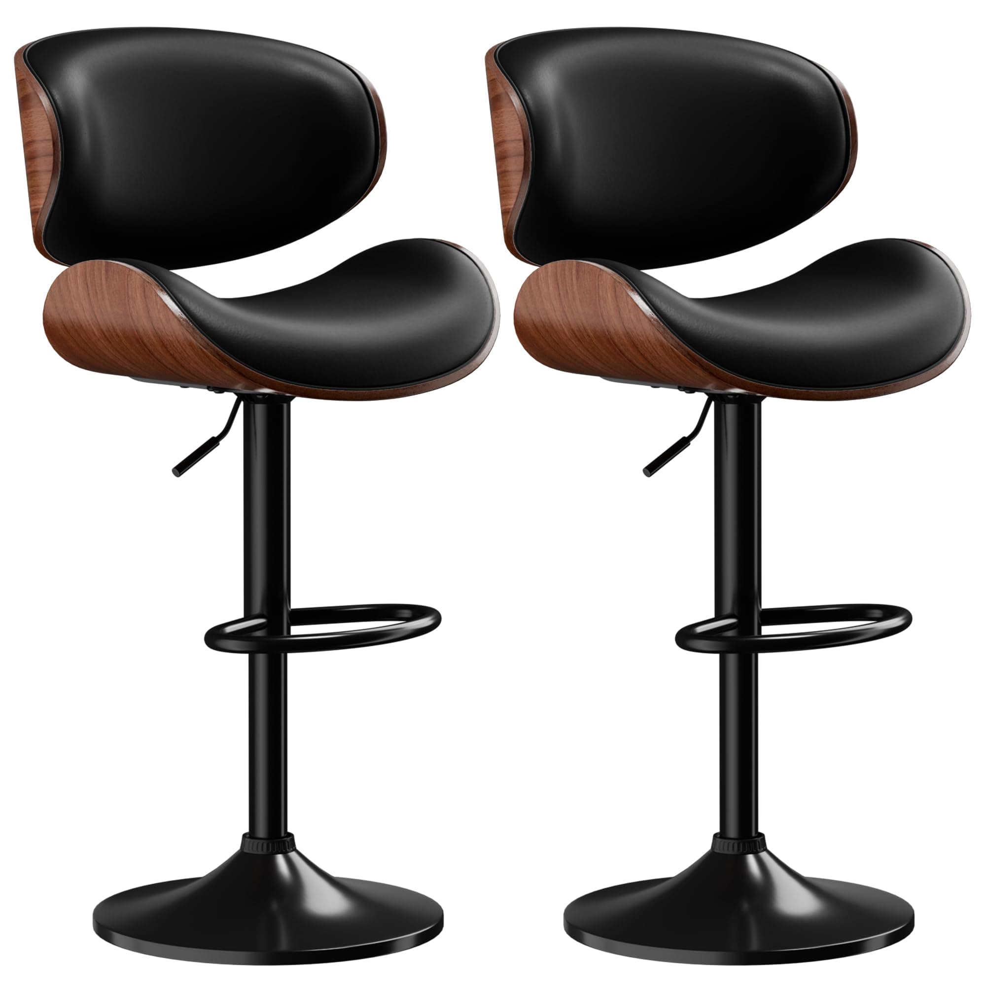 Bar Stools Set of 2, Adjustable Swivel Leather Bar Stools for Kitchen Island, Mid Century Modern Counter Height Bar Chairs Barstools with Back & Footrest (Black)
