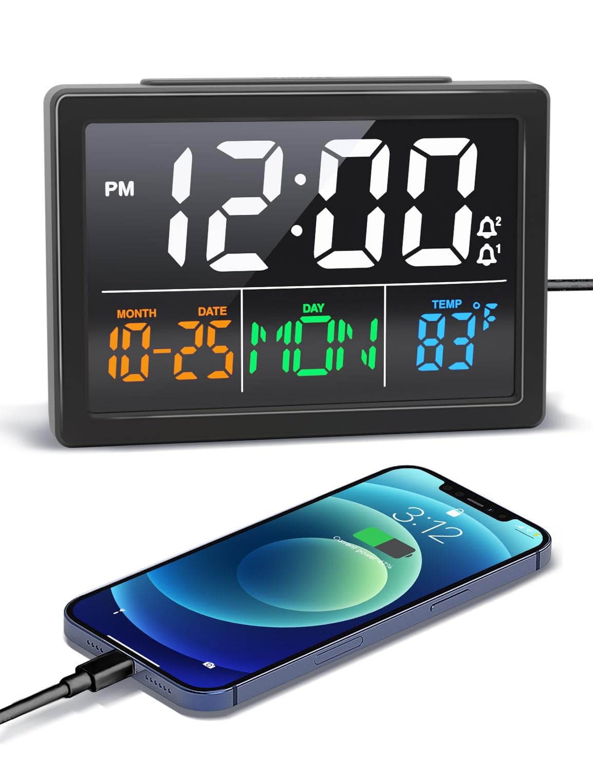 Digital Alarm Clock, with 5.5" Large LED Time Display, Adjustable Alarm Volume, 6 Level Brightness, Alarm Settings, USB Charger, Temperature Detect, Snooze, Clocks for Bedroom, Bedside, Desk, Black
