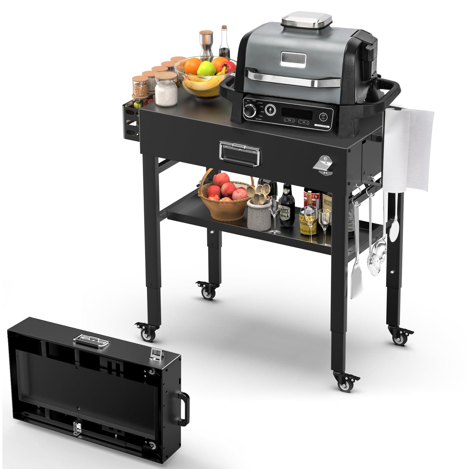 28" and 34" Upgrade Height & Quick-Fold Portable Grill Cart for Ninja Woodfire (OG700 Series), Blackstone 17"/22" Griddle, Pizza Oven – Outdoor Ninja Grill Stand with 4 Swivel Wheels