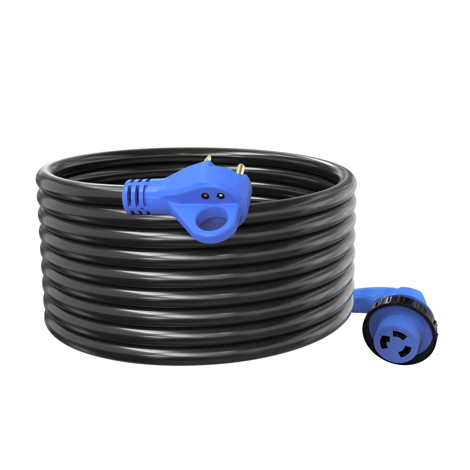 30 Amp 25 Feet RV Extension Cord with Polarity LED Light (Blue, 25FT 90-Degree)
