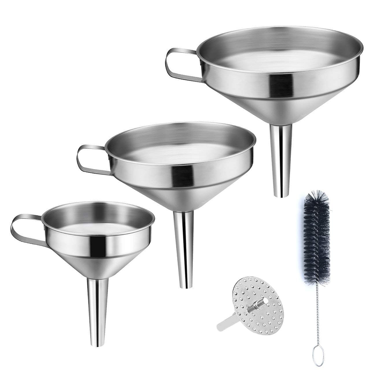 Kitchen Funnel, 3 Piece Stainless Steel Funnels Set with Handle Design and Removable Strainer, Great for Transferring of Liquid, Fluid, Dry Ingredients & Powder, Funnels for Filling Bottles