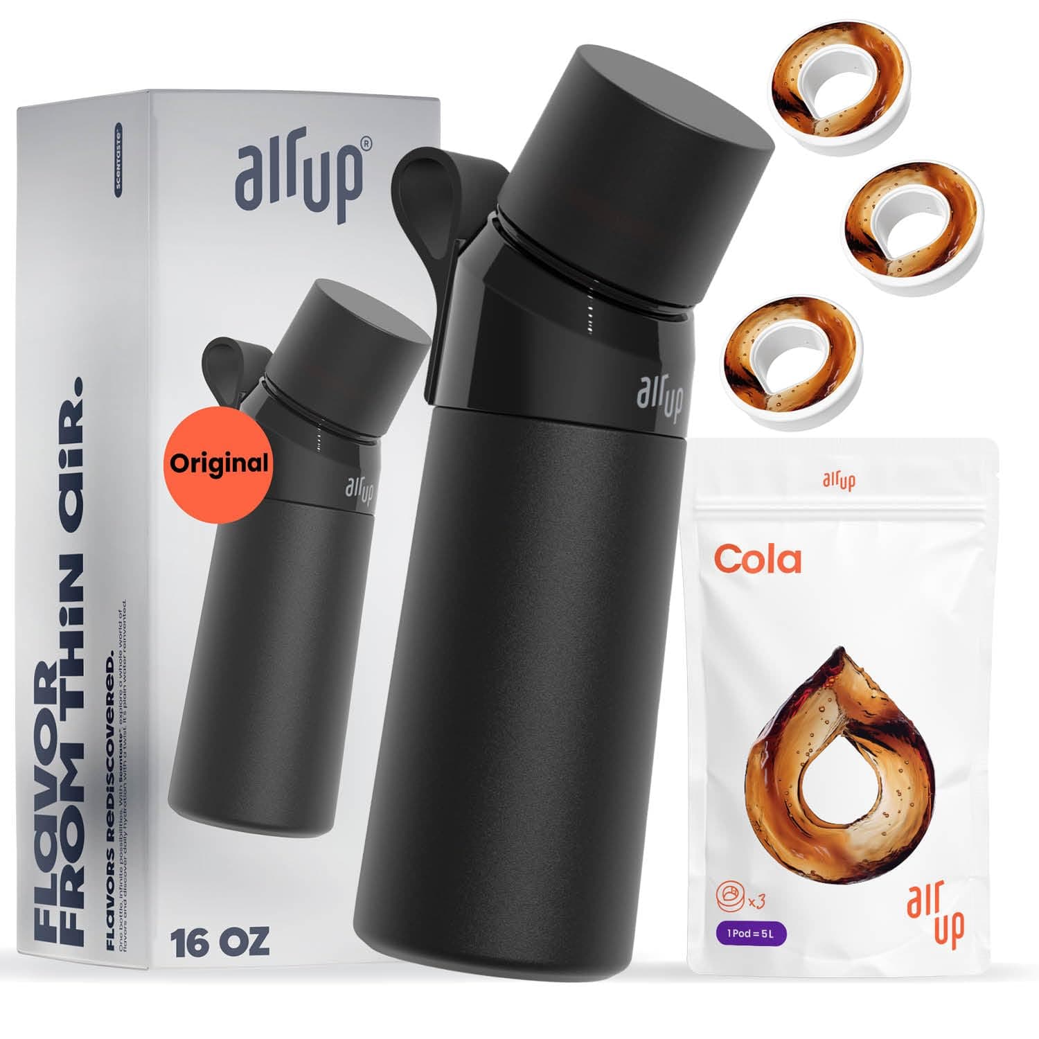 AIR UP Black Steel 16oz Flavored Water Bottle with Straw - Sugar Free Cola Pods - Drink Healthy Water - Keeps Drinks Cold for 14 Hours - School, Office, Gym, Travel