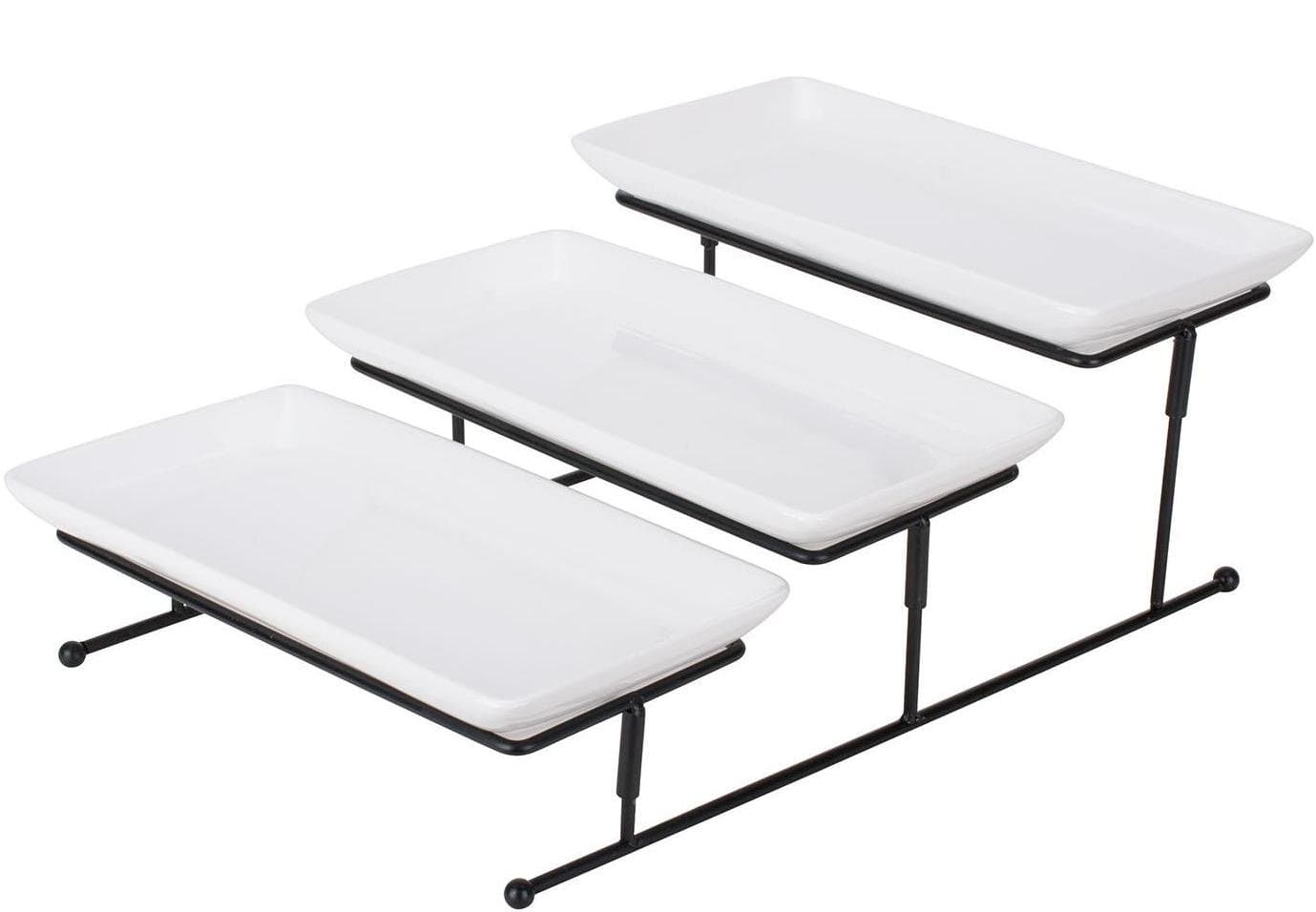 3 Tier Buffet Serving Plate Set, White Ceramic Plates with Heavy Duty Metal Stand. Food and Dessert Stand (12" x 6" Plates)