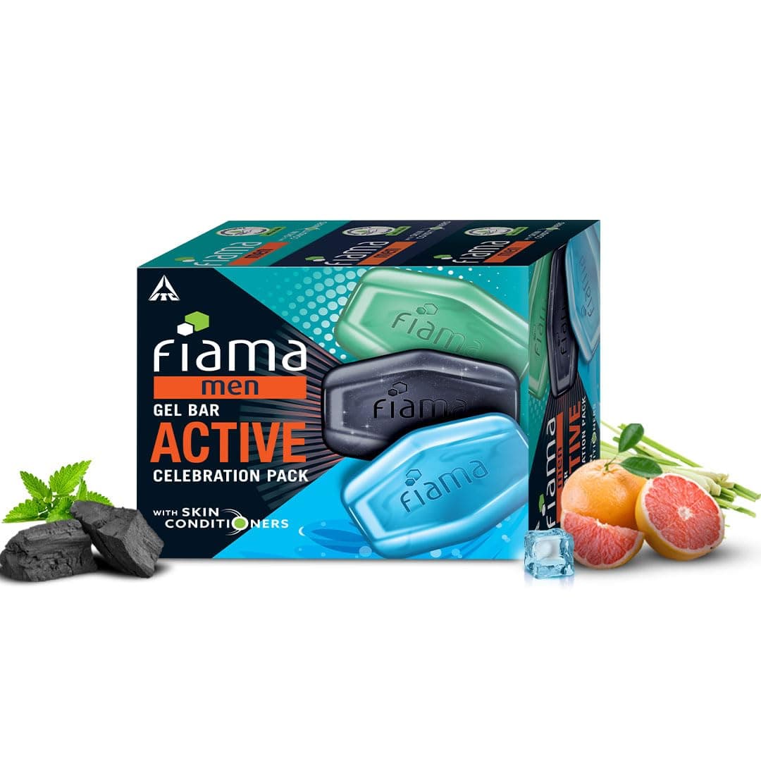 Fiama Men Gel Bar Active Celebration Pack with 3 Unique Gel Bars, 375g (125g - Pack of 3),Charcoal and Grapefruit, Refreshing Pulse and Energising Sport for Moisturised Skin, Soap for Men, For All Skin Types