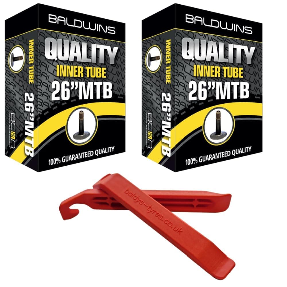 Baldwins Bike Inner Tube 26 x 1.75 to 2.125 Schrader Valve & BALDY'S TYRE LEVER (Pack of 2)