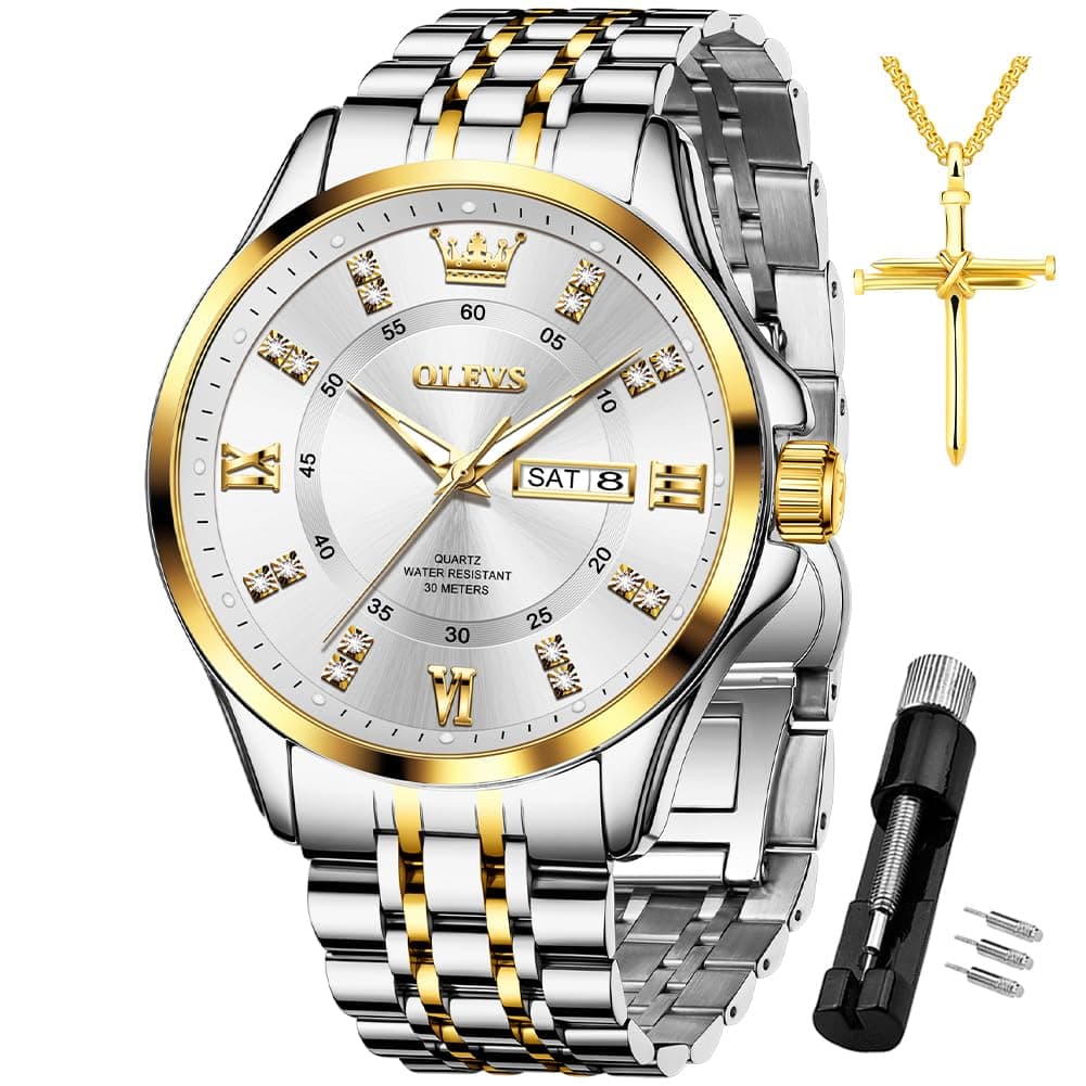Diamond Watches for Men,Business Dress Watch Waterproof Luminous,Male Golden Big Dial Luxury Casual Quartz Analog Watches with Day Date Calendar and Stainless Steel Band