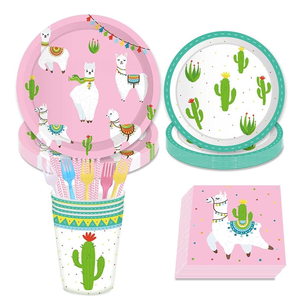 DreamJ 109Pcs Alpaca Cactus Disposable Tableware Set , Llama Alpaca Party Supplies with Plates Cups Napkins Forks Straws for Boys,Girls,Baby Showers Birthday Party Favors Decorations (Severs 16)