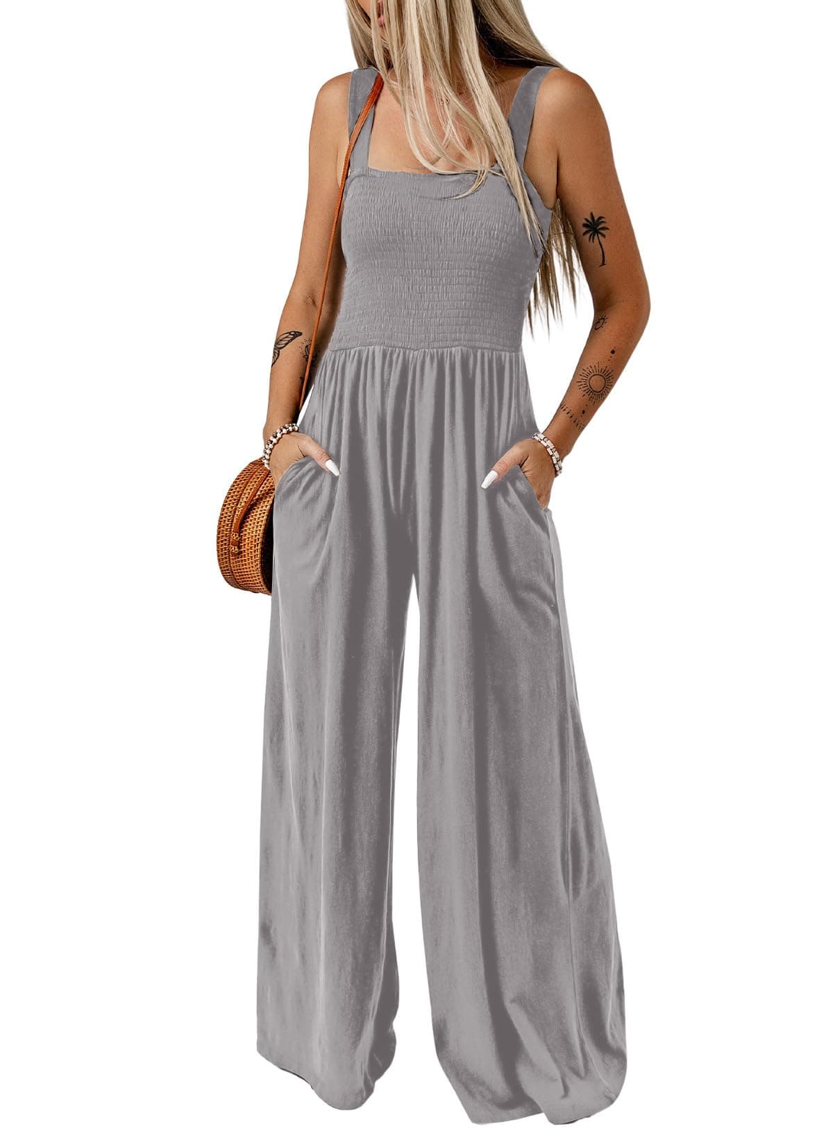 DokotooWomen's Casual Loose Overalls Jumpsuits One Piece Sleeveless Wide Leg Long Pant Rompers With Pockets