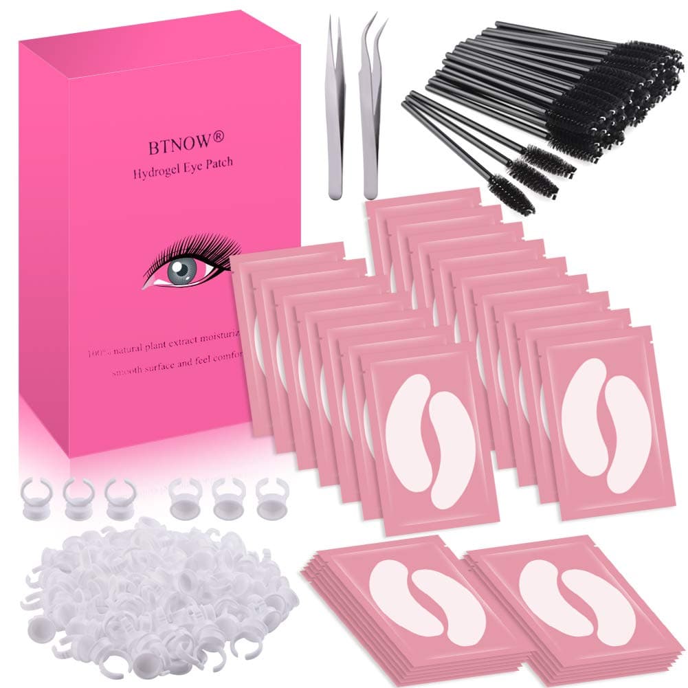 Under Eyes Pads, BTNOW 100 Pairs Eyelash Extension Gel Patches Kit with Eyelash Brush Eyelash Tweezers Eyelash Extension Ring